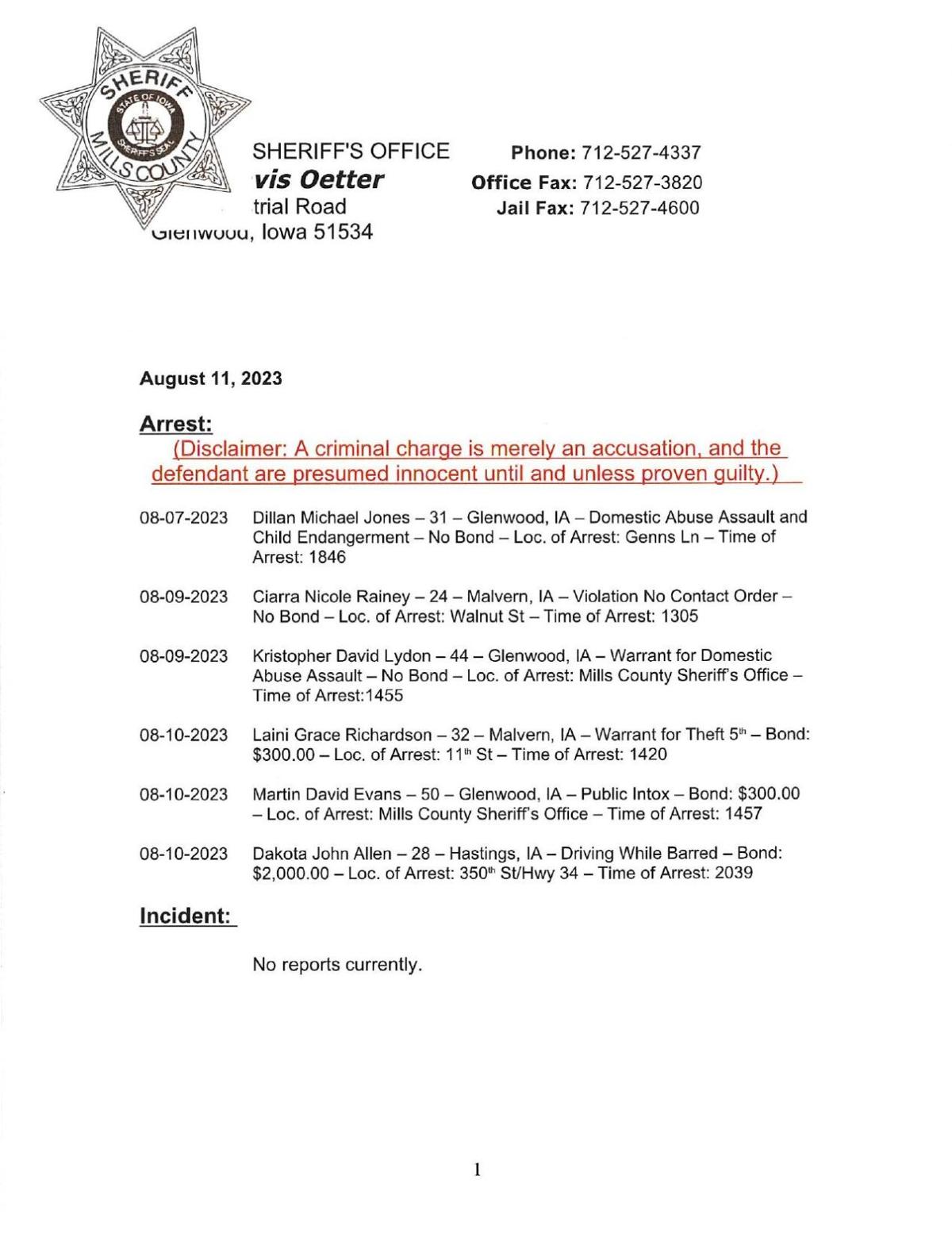 Mills County Sheriff's Report 8/11/2023